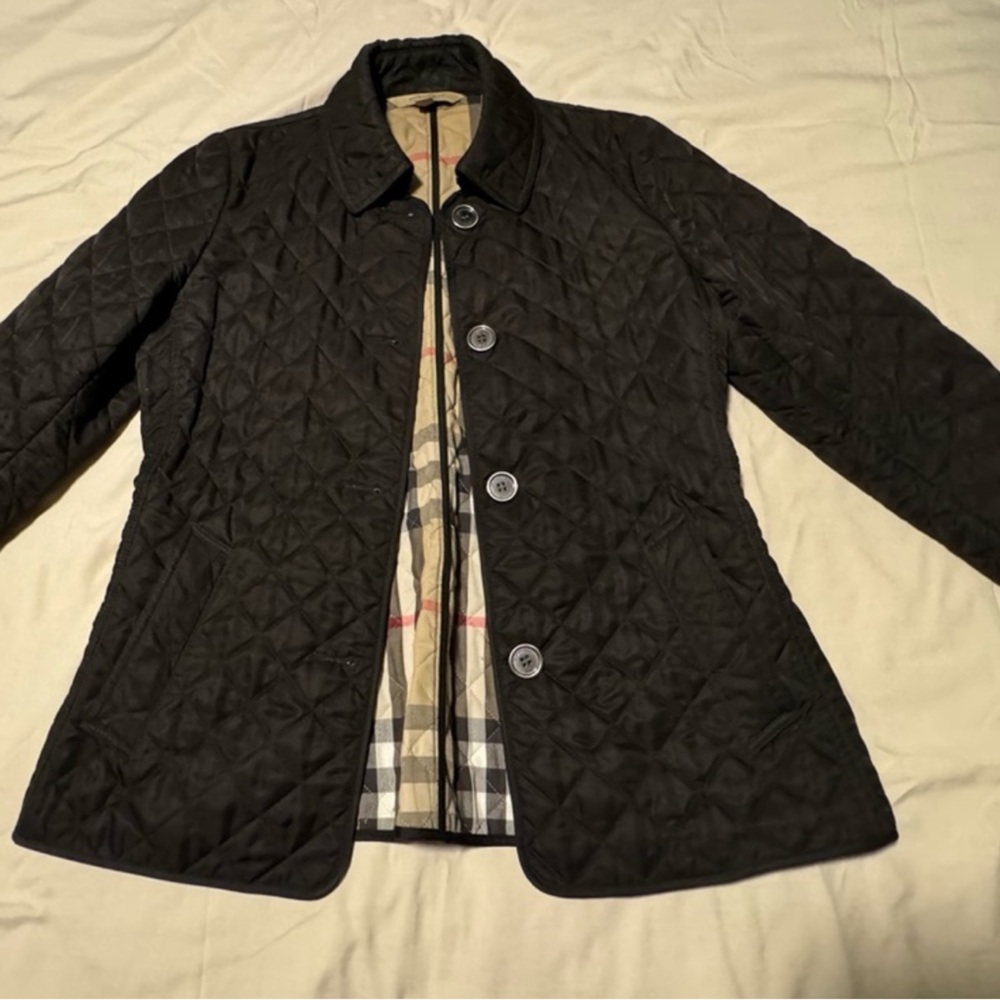 Burberry Black Quilted Utility Jacket with Plaid Lining